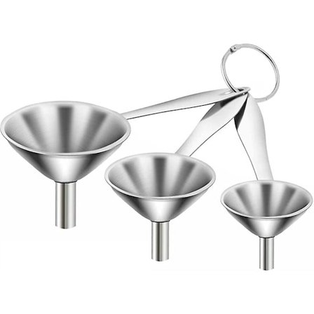 2023 - Rustfrie stålfukter, sett med 3 små trakter for kjøkkenmetalltrakt med langt håndtak