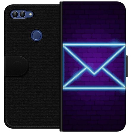 Yhteensopiva Lompakkokotelo Huawei Huawei P smart Neonilta illuustraatio kirjekuoresta sinisessä valossa lila tiiliseinää vasten, nykyaikainen symb