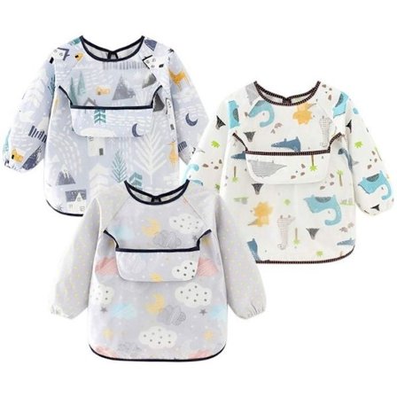 Sett med 3 vaskbare smekker med lange ermer, baby smekker med lange ermer, vanntette smekker med lange ermer, for