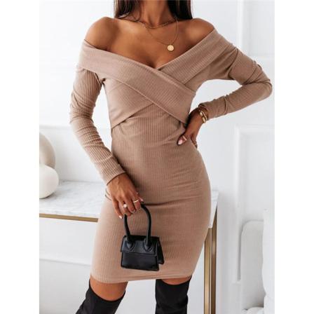 Höst Off Shoulder Slim Miniklänning Casual Bodycon Dam Lång S