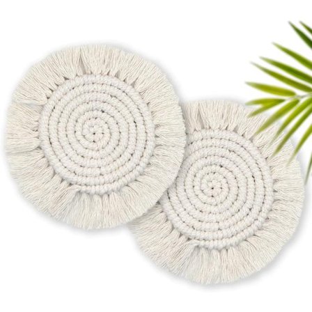 Boho Brikker Sæt med 2, Håndlavede Vævede Macrame Kop Måtter - Absorberende Runde Beige Drikke Brikker til Krus & Kopper - Sødt Bondehus Hjem