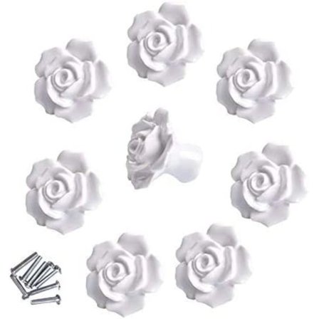 8 stk Elegante Hvite Rose Trekkblomster Keramiske Skapsknapper Skap
