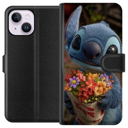 Kompatibel Tegnebogsetui til Apple Apple iPhone 15 Plus Sød blå figur med store øjne, der holder en farverig buket i en varm og kær stil