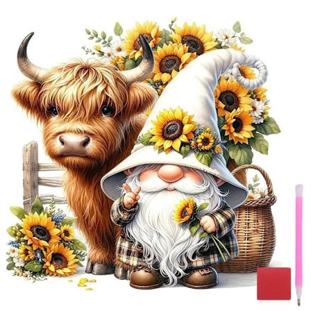 Højlandskvæg Gnome Diamantmaleri Sæt til Voksne Begyndere, Diamantkunst Sæt til Solsikke, Rundt Ædelstensmaleri Sæt Kunst til DIY Gave Hjem 