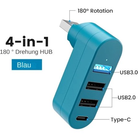 Usb C Hub Multiport -sovitin, 4-porttinen [90°/180° astetta kääntyvä], 1 Usb C -portilla (sininen)