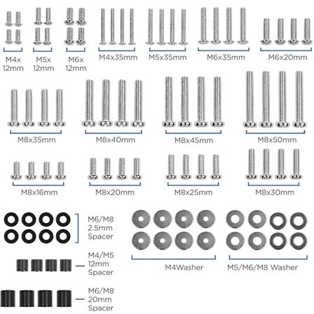 Universellt monteringskit för TV, kompatibelt med alla TV-apparater upp till 80 tum, inklusive Samsung. Paketet innehåller M4, M5, M6 och M8 TV-