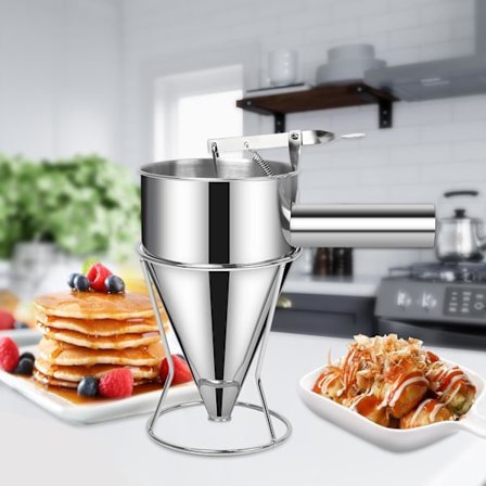 Pancake Dej Dispenser i Rustfrit Stål med Stativ, Tragt Kage Dispenser med Stativ, Bageværktøj til Muffins, Vafler, Muffinsblanding, Crêpes, Kage