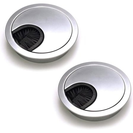 Sett med 2 runde innfelte kabelgjennomføringer, børstet stålmetalldesign, kabelgjennomføring for kontorbord diameter 60 mm