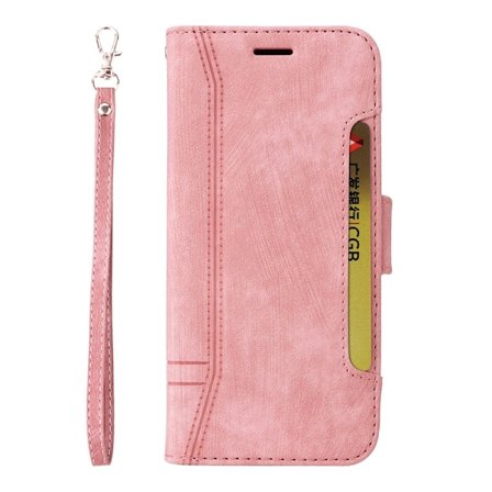 Etui til iPhone 16 pink sidekort læder stort håndledsbånd solid side