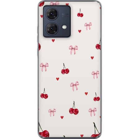 Kompatibelt Mobildeksel til Motorola Moto G84 Kirsebærsløyfer og hjerter i søtt og lekent mønster i rosa og rødt - Cherry Bow Hearts