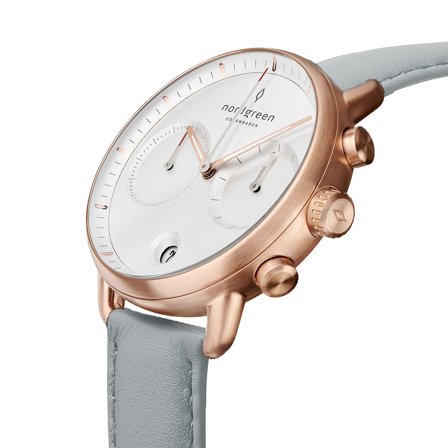 Nordgreen Men's Minimalistist Large Wrist Watch Watch - Rose Gold Case - White Dial - Grey Vegan Leather Watch Strap Pioneer White Dial Chronograph