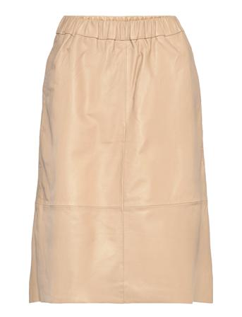 Slfflora Mw Midi Leather Skirt B Knælang Nederdel Beige Selected Femme