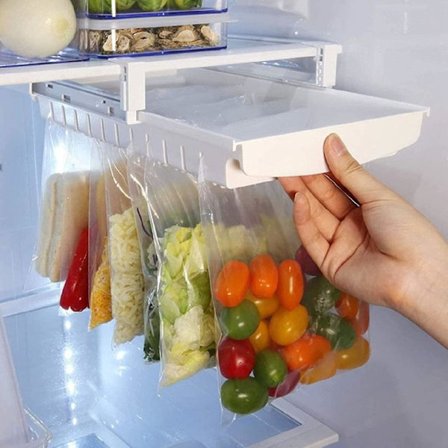 Påshållare för kyl, utdragbar förvaringshylla för matpåsar, hängande förvaringsstång, hylla för kylskåp, klämma