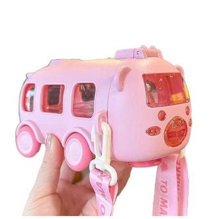 Bussformad vattenkoppflaska, läckagesäker vattenflaska för barn med sugrör och flip-lock