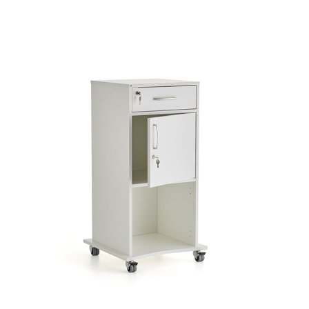 Ståpulpet med en låda och en liten dörr, vit