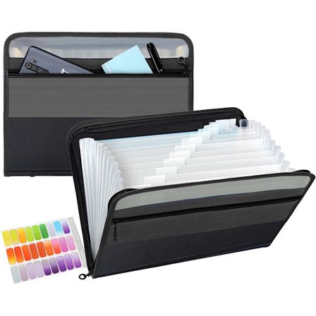 13 lommer ekspanderende mappe med lynlås, A4-plastdokument med praktisk forlomme til personlig kontoropbevaring - Sort