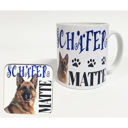 Mugg + Underlägg med tryck Schäfer matte hund design