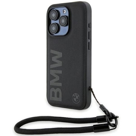 BMW Signature Leather Wordmark Cord-etui i lær for iPhone 15 Pro - svart