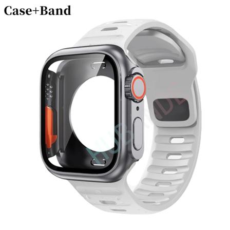 Silikonrem+ case För Apple Watch Case 44mm 45mm 41mm 40mm Skärmskydd Byt till Ultra For iWatch Series 8 7 SE 6 5 3 1 White-Grey Series 7 8 9 41MM