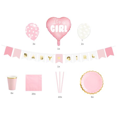 Festpaket "It's A Girl" 49-delar - Baby Shower Dekoration - Kalaslagret.se