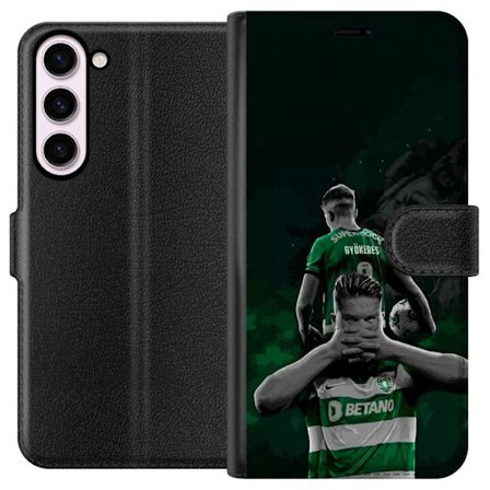 Kompatibel Tegnebogsetui til Samsung Galaxy S23+ Neonmotiv med teksten "Gaming er i mit DNA" på en blå og rød murvæg med en lysende DNA-spiral.