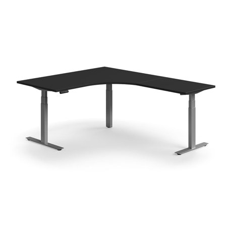 Hörnskrivbord QBUS, höj- och sänkbart, 1600x2000 mm, silver, svart