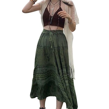 Vintage Boho Midi Kjolar Fairycore Grunge Lång Plisserad Kjol Kvinnor Retro Strand Streetwear