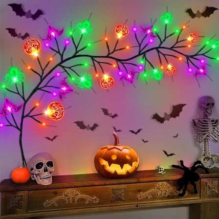 [Timer] Halloween-ljus 6 FT 54 LED Halloween-dekoration Pilgren med pumpa, fladdermus, spindel ljus, 8 lägen batteridriven Halloween-girlang Spöklikt