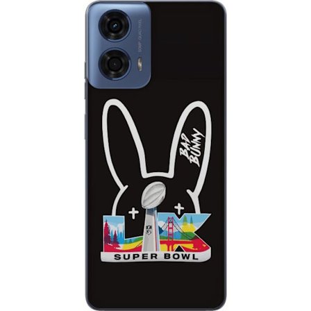 Kompatibel Mobilcover til Motorola Moto G24 Bad Bunny portræt med åben skjorte, tatoveringer og krøllet hår i stilfuld modefotografering