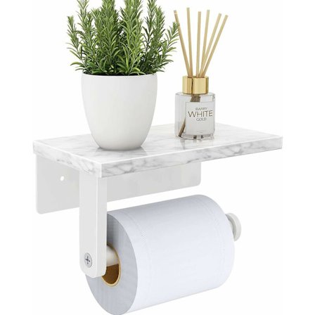 Toalettpapirholder med hylle i naturlig marmor, 304 rustfritt stål skrue veggmontert, toalettpapirrullholder dispenser for bad og toalett, W