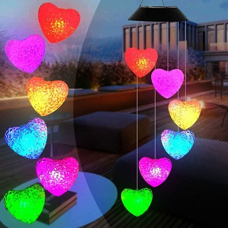 Fargeskiftende spiraler solcelledrevet LED-klokkehage romantisk utendørsdekor for uteplass, hage med krok (hjerte)