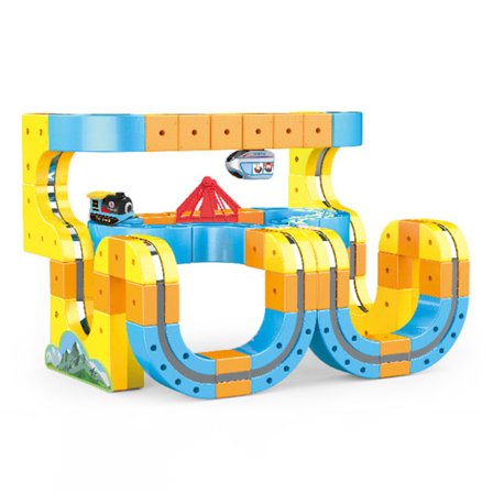 Magisk Tågbana, USB-uppladdningsbar 3D-byggbana, Kubbana och Skyltar, STEM-pedagogisk Leksak för Åldrarna 4-8