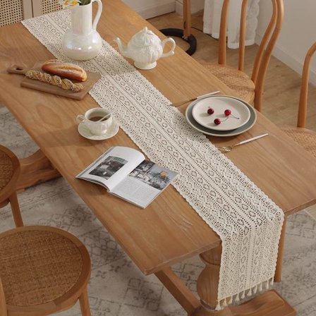 Boho bordslöpare, flätad vintage bondgårdsbordslöpare Macrame vävd rustik bordsduk dekoration med handgjorda tofsar (Beige, 24x140cm)