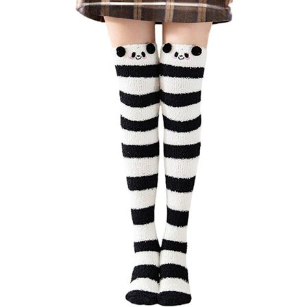 ING Stripete lange knestrømper for kvinner, tykke plysj vinter- og innetøfler med antiskli