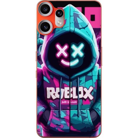 Kompatibelt Mobilskal till Nothing CMF Phone 2 Pro Roblox neonlyssna huvtröja i närbild med intensiv närbild på utklädd karaktär i rosa och blå