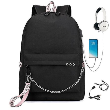 Cute Usb Charging School Bag With Chain -black