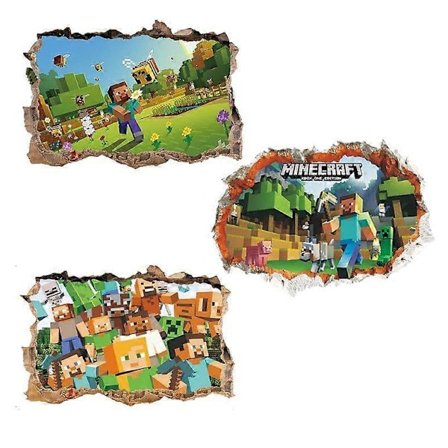 3 stk. Minecraft Veggklistremerker 3D Smash Veggdekor Avtakbar Vegg Minecraft Klistremerker Dekaler TV Bakgrunn Vindusdekorasjon Avtakbart 