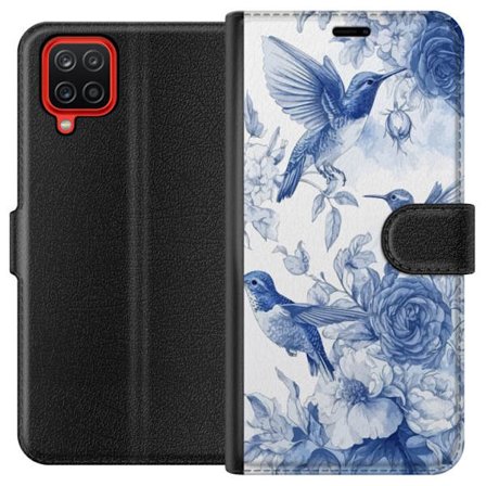 Kompatibel Tegnebogsetui til Samsung Samsung Galaxy A12 Fugle og blomster blå romantiskt mønster