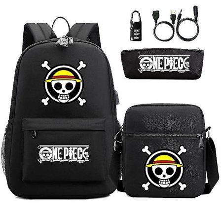 3 st/set One Piece Anime Skolryggsäck Usb Oxford Väska Med Pennfodral Och Messenger Bag