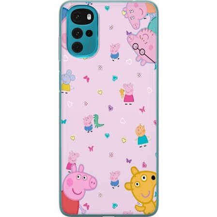 Kompatibel Mobilcover til Motorola Moto G22 Peppa Gris med en baby i armene, morgris motiv i farverig og blød børneillustration med hjerter