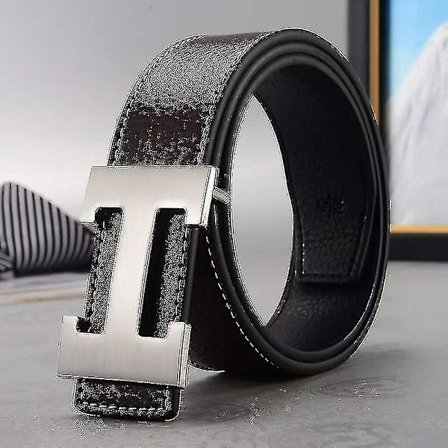 Ny Stil Business Fritid Ægte Pu Læder H Glat Spænde Litchi Korn Bælte Til Mænd V (FMY)