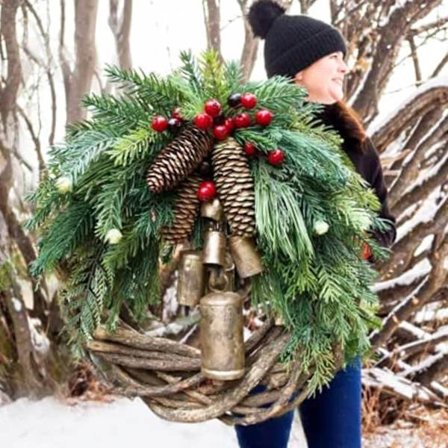 Maalaistalon Joulu Kranssi Boho Kranssi, 45CM Keinotekoinen Mänty & Kultainen Kello Kranssi