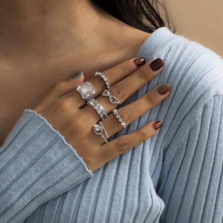 Elegant sæt med 6 ringe i sølv dråbeformet forsølvet Silver one size