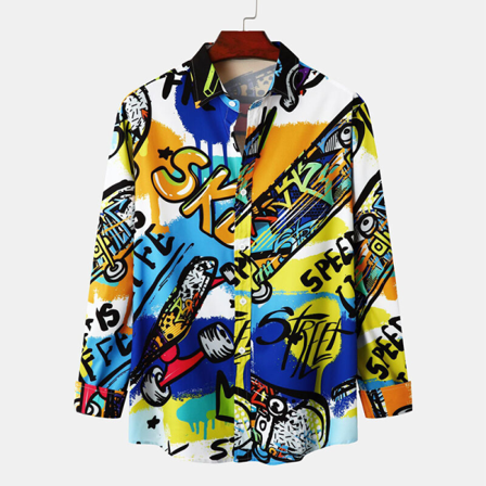 Män Bokstäver Print Toppar Långärmade Button Down Lapel Neck Shirts