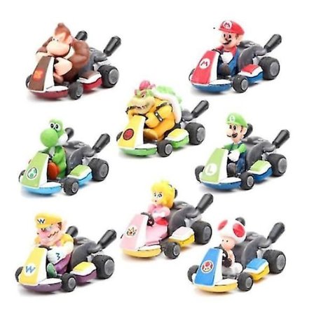 8 stk Super Mario Kart Dragbiler Luigi Toad Bowser Princess Figur Barnleketøy