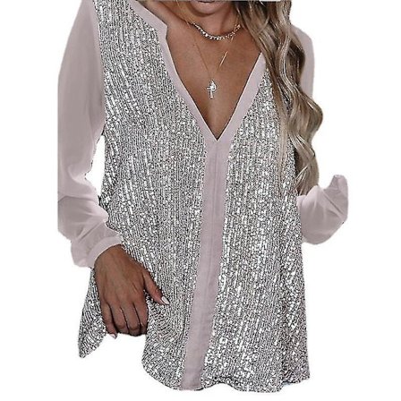 Rosa paljettbluse med V-hals og lange ermer for kvinner