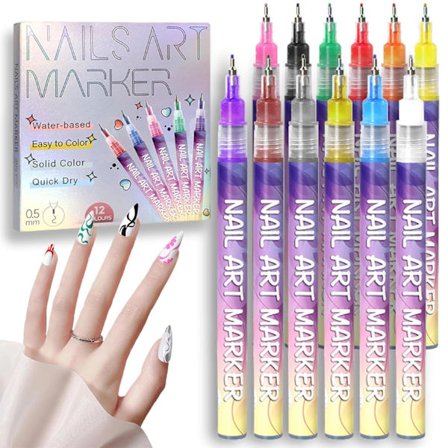 12-farvet 3D Nail Art Pen Sæt til prikker, liner designs og DIY Manicure [JUN]