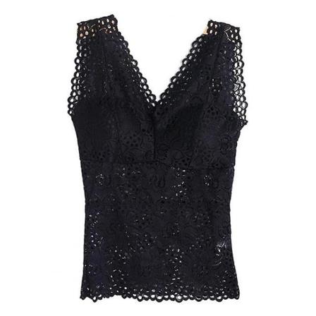 Ny In Tank Top V-hals Skelett Med Kuddar Spaghetti Remmar All-match Sexig Spets Lång BH Virkad Väst Inuti Kläder Black XXXL