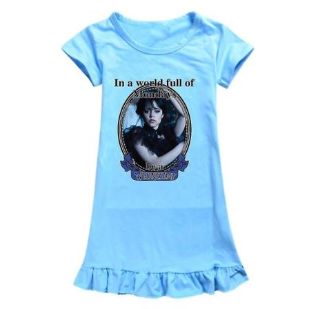 Barn Piges Onsdag Addams Trykt Addams Familie Tema Natskjorte Korte Ærmer Sommer Crew Neck Løstsiddende Himmelblå 130