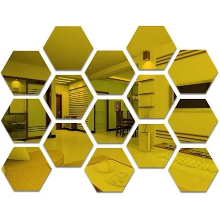 15-delt sett med gullfargede sekskantede akrylveggspeil - 9 cm selvklebende speilfliser for soverom og stueinnredning